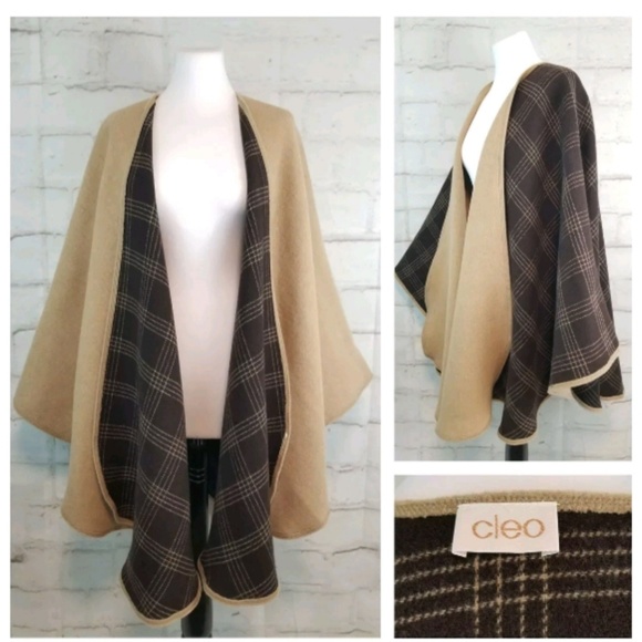 cleo Sweaters - Cleo O/S Beige Brown Plaid Wool Open Shawl Poncho